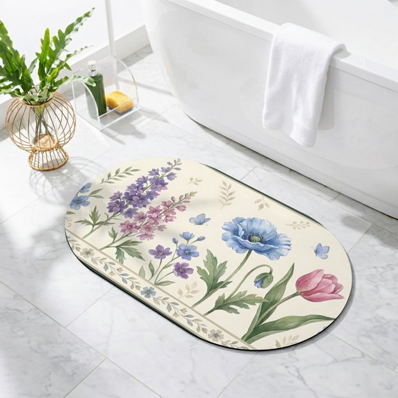 Blue Floral Bathroom Rug Cute Oval Bath Mat Non-Slip Washable Bath Rug Absorbent Soft Microfiber Elegant Chic Farmhouse Flowers Beige Floor Mat for Bathroom Kitchen Bedroom Shower Room Decor 16"x24"