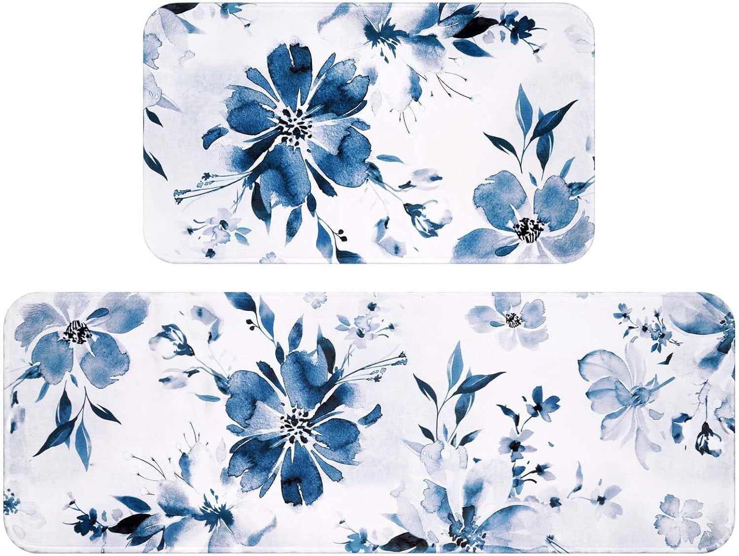 Blue Floral Bathroom Rug Sets 2 Piece, Absorbent Bath Mats for Floor, Watercolor Ink Flowers Bath Rugs for Bedroom, Front Door, Kitchen, Modern White Bathroom Decor, 17.3"x 30" +17.3"x 47"
