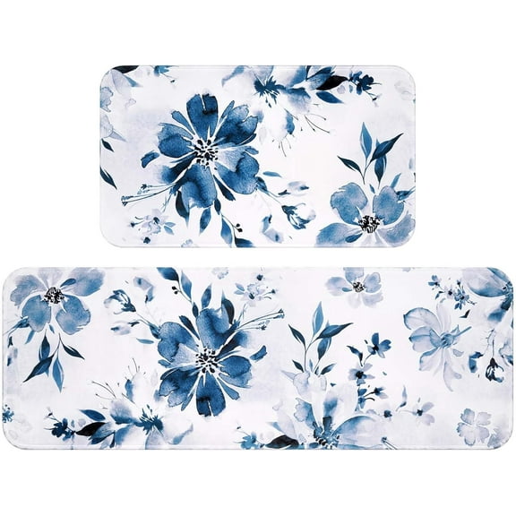 Blue Floral Bathroom Rug Sets 2 Piece, Absorbent Bath Mats for Floor, Watercolor Ink Flowers Bath Rugs for Bedroom, Front Door, Kitchen, Modern White Bathroom Decor, 17.3"x 30" +17.3"x 47"