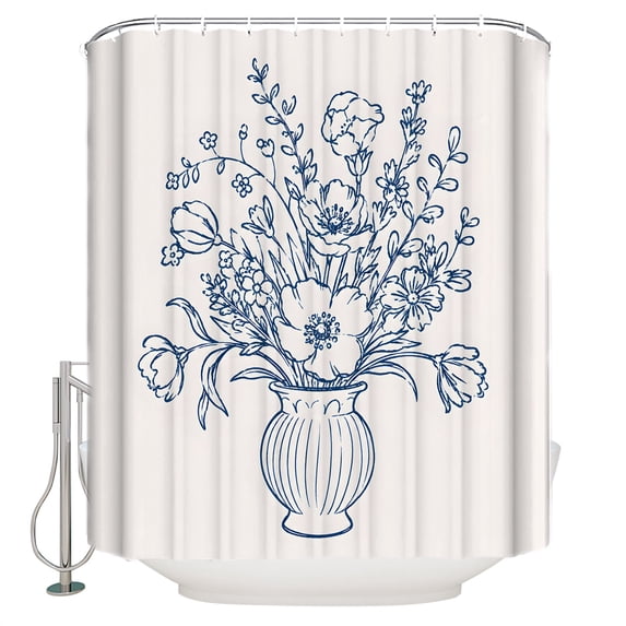 Blue Floral Bathroom Shower Curtains with 12 Hooks Polyester Waterproof Shower Curtain for Stalls and Bathtubs Vintage Line Wildflowers Vase Pastoral Decorative Bathroom Privacy Curtain 36x78 Inches