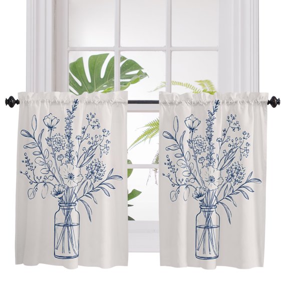 Blue Floral Bathroom Window Curtain, Country Wildflowers Bottle Plants Retro Lines Light Filtering Coffee Kitchen Curtains, Bedroom Living Room Curtains 2 Panel 84"x45"