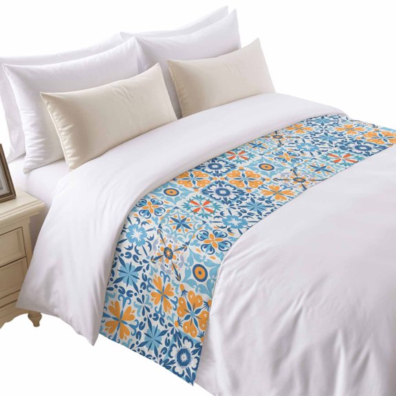 Blue Floral Bed Runner for Cal King Size Bed, Vintage Mediterranean Tile Orange Yellow Blue Flower Soft Bedding Scarf Bedding Protector Slipcover Sofa Throw for Bedroom Hotel Guesthouse