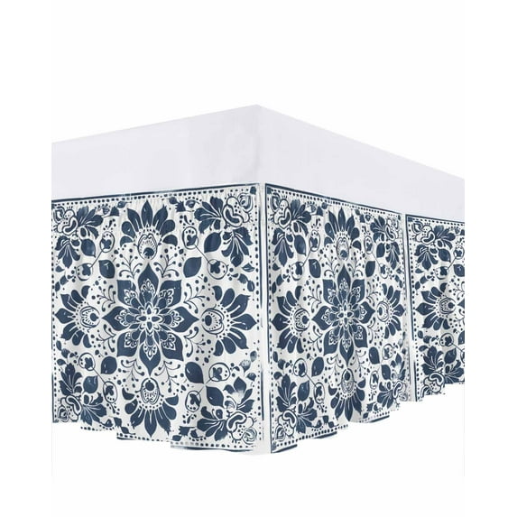 Blue Floral Bed Skirt California King Size 16" Drop Pattern Leaves Geometric Art Ruffled Wrap Around Bed Skirts Adjustable Elastic Bedskirt Dust Ruffle for California King Size Bed