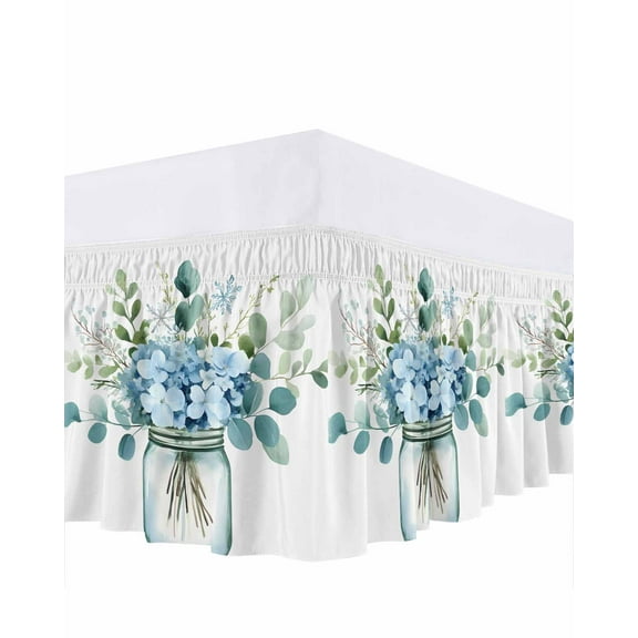 Blue Floral Bed Skirt Pastoral Eucalyptus Leaf Bed Skirts King Size 18 Inch Drop, Wrap Around Dust Ruffle Bedskirt with Adjustable Elastic Belt for Queen Size Beds