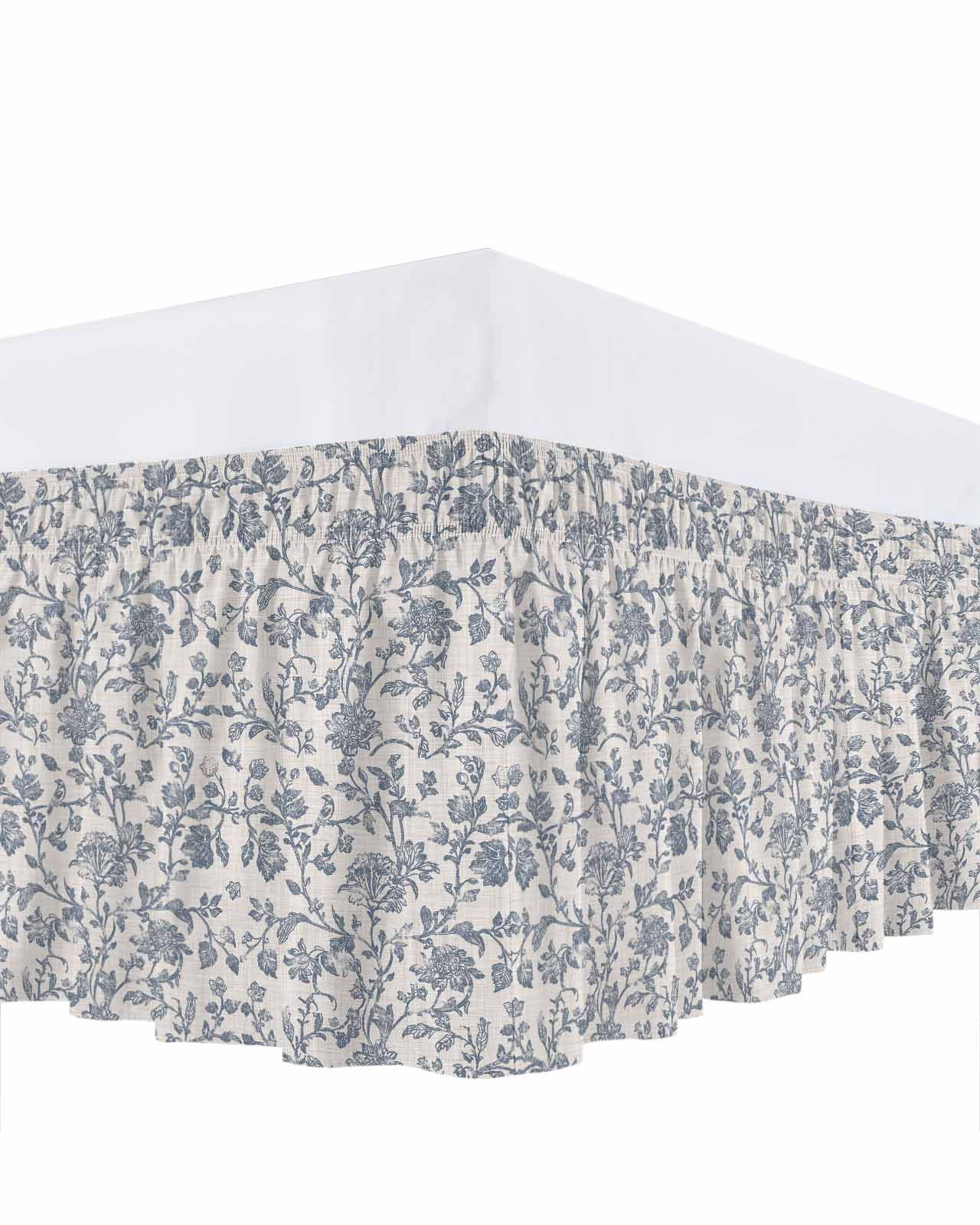Blue Floral Bed Skirt Queen Size, Farmhouse Vintage Flower Leaf Botanical Wrap Around Bed Skirting with Adjustable Elastic Strap, Dust Ruffle Pleated Bedskirts 16 Inch Drop for Bedroom Queen Beds