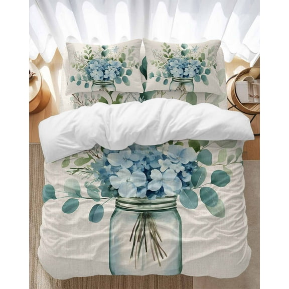 Blue Floral Bedding Duvet Cover Set Full Size 4 Pieces Pastoral Eucalyptus Leaf Linen Texture Bedding Set with Zipper Closure, 1 Comforter Cover 86x86 Inches 1 Flat Sheet & 2 Pillow Cases
