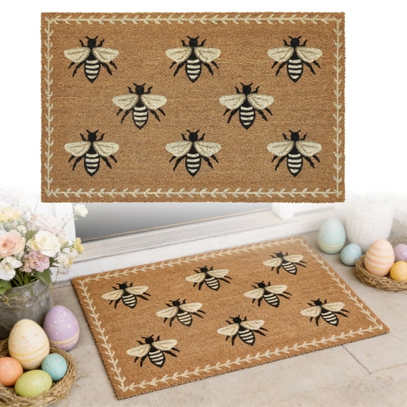 Blue Floral Bee Pattern Velvet Doormat, Easter Themed Non Indoor Outdoor Rug, Decorative Entryway Floor Mat for Home Porch Decor