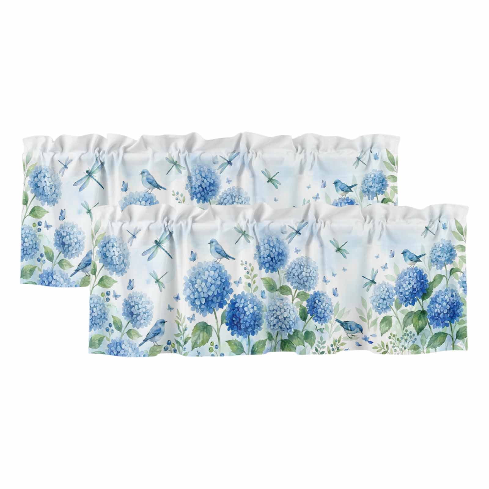Blue Floral Bird 2 Panels Kitchen Valance, Summer Blue Flower Dragonfly ...