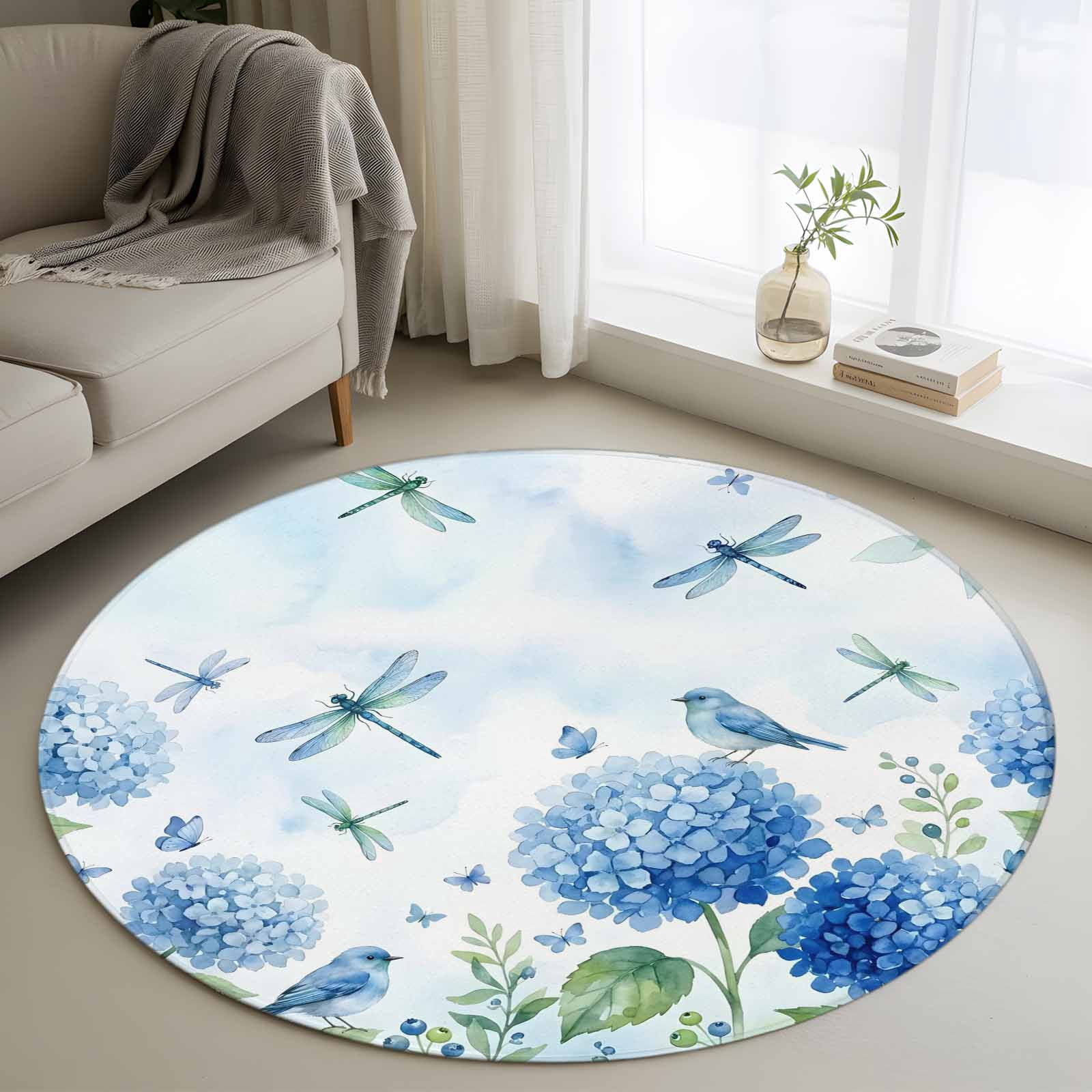Blue Floral Bird 3' Round Rug for Bathroom Accent Bedside Corner ...