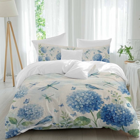 Blue Floral Bird 4 Piece Duvet Cover Set Queen Size Summer Blue Flower Dragonfly Bird Linen Texture Soft Bedding Set Comforter Cover, 1 Duvet Cover 1 Flat Sheets and 2 Pillowcases