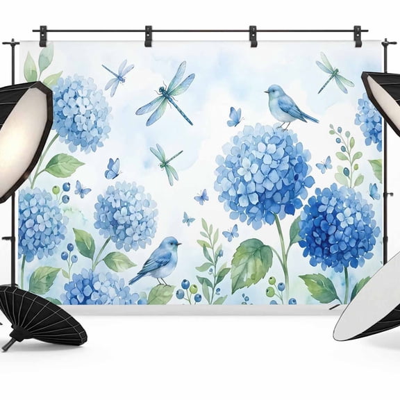 Blue Floral Bird Backdrop for Photography, Summer Blue Flower Dragonfly Bird Gradient Blue Photo Backdrop Portrait Background Party Banner Photo Backgrounds for Studio Booth Props, 7x5ft