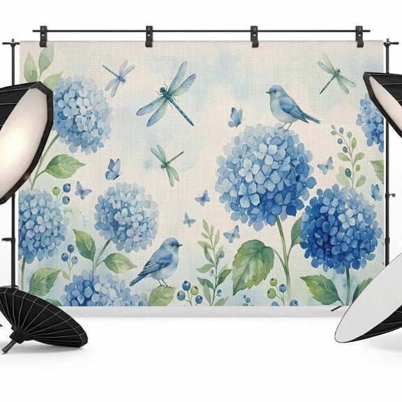 Blue Floral Bird Backdrop for Photography, Summer Blue Flower Dragonfly Bird Linen Texture Photo Backdrop Portrait Background Party Banner Photo Backgrounds for Studio Booth Props, 7x5ft
