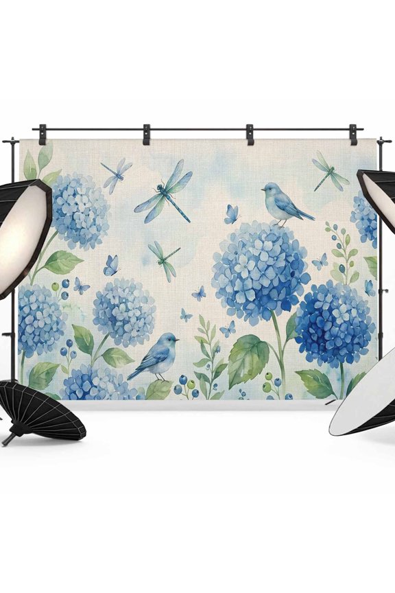 Blue Floral Bird Backdrop for Photography, Summer Blue Flower Dragonfly Bird Linen Texture Photo Backdrop Portrait Background Party Banner Photo Backgrounds for Studio Booth Props, 7x5ft
