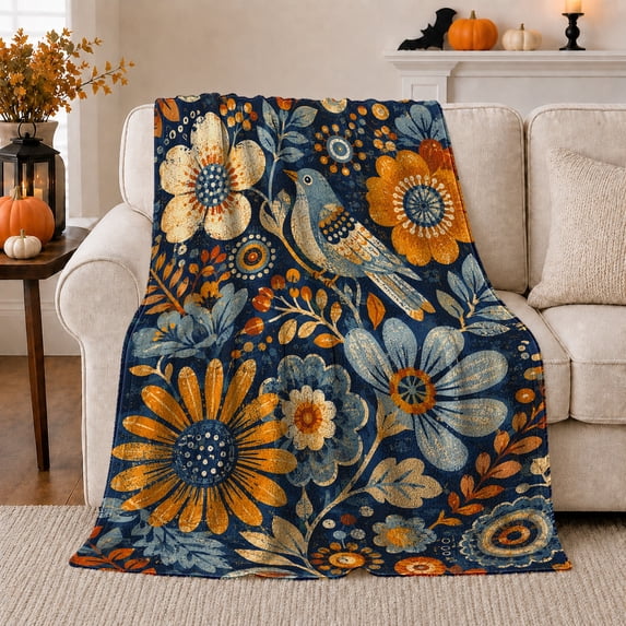 Blue Floral Bird Pattern with Orange Daisy Blooms, Folk Art Cozy Flannel Blanket, Home Decor for Bird Lovers, Bedroom and Sunroom, Housewarming Gift, Vintage Garden Scene