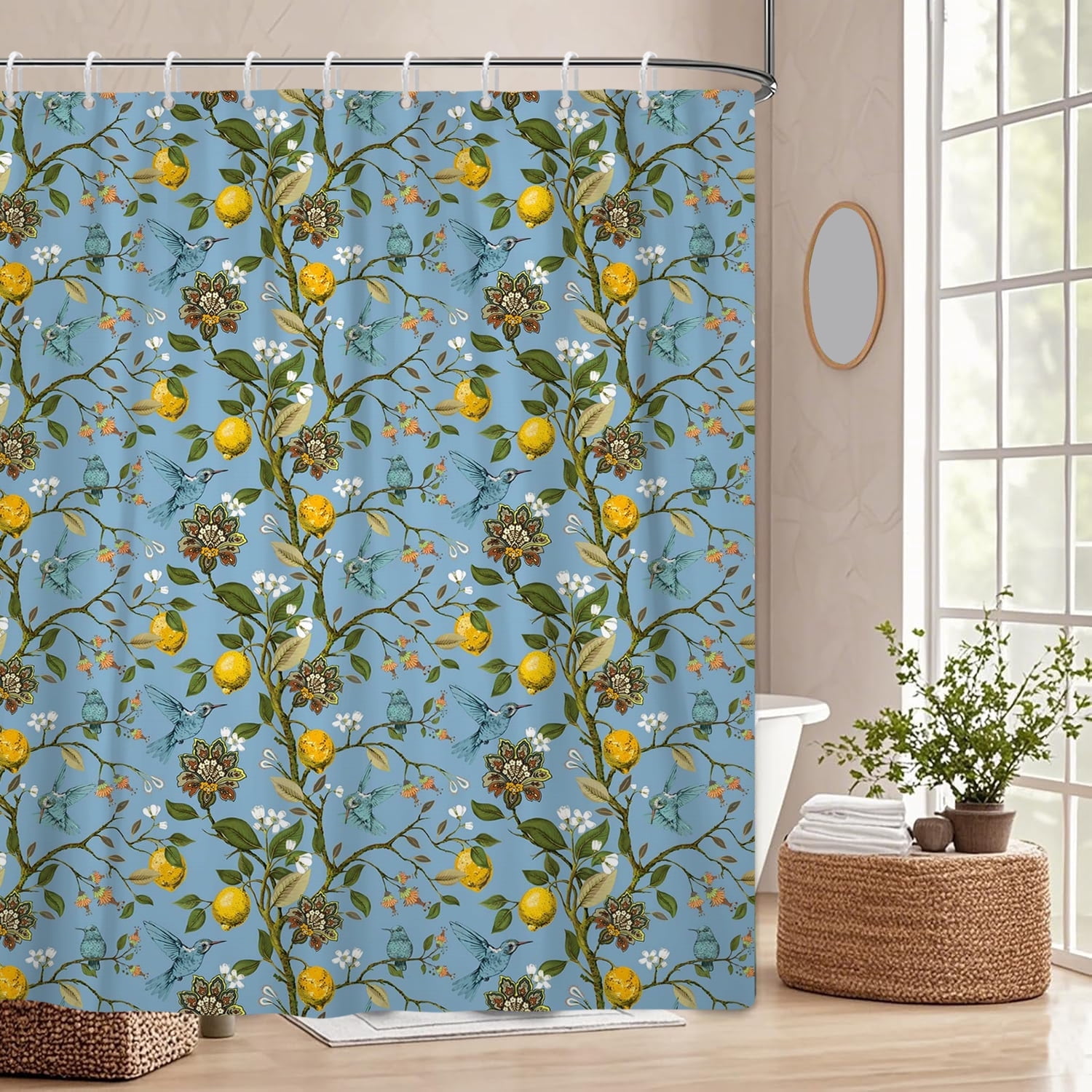 Blue Floral Bird Shower Curtain 72"x78",Hummingbird Botanical Bathroom Curtains,Vintage Farmhouse Chic French Country Style Bath Curtain Decor