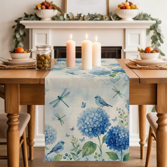 Blue Floral Bird Table Runner, Summer Blue Flower Dragonfly Bird Linen Texture Washable Cotton-linen Table Runners Dining Kitchen Decoration for Everyday Home Wedding Party Decor, 13 x 36 Inch