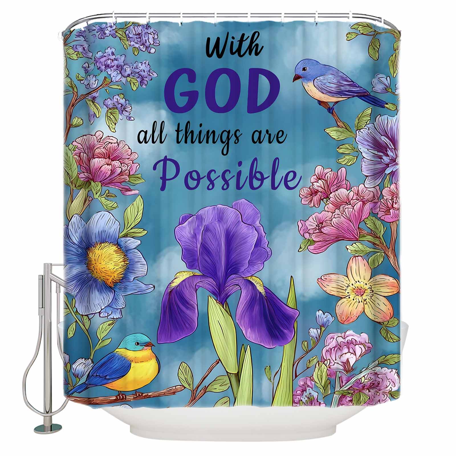 Blue Floral Birds Bathroom Shower Curtains with 12 Hooks Polyester ...