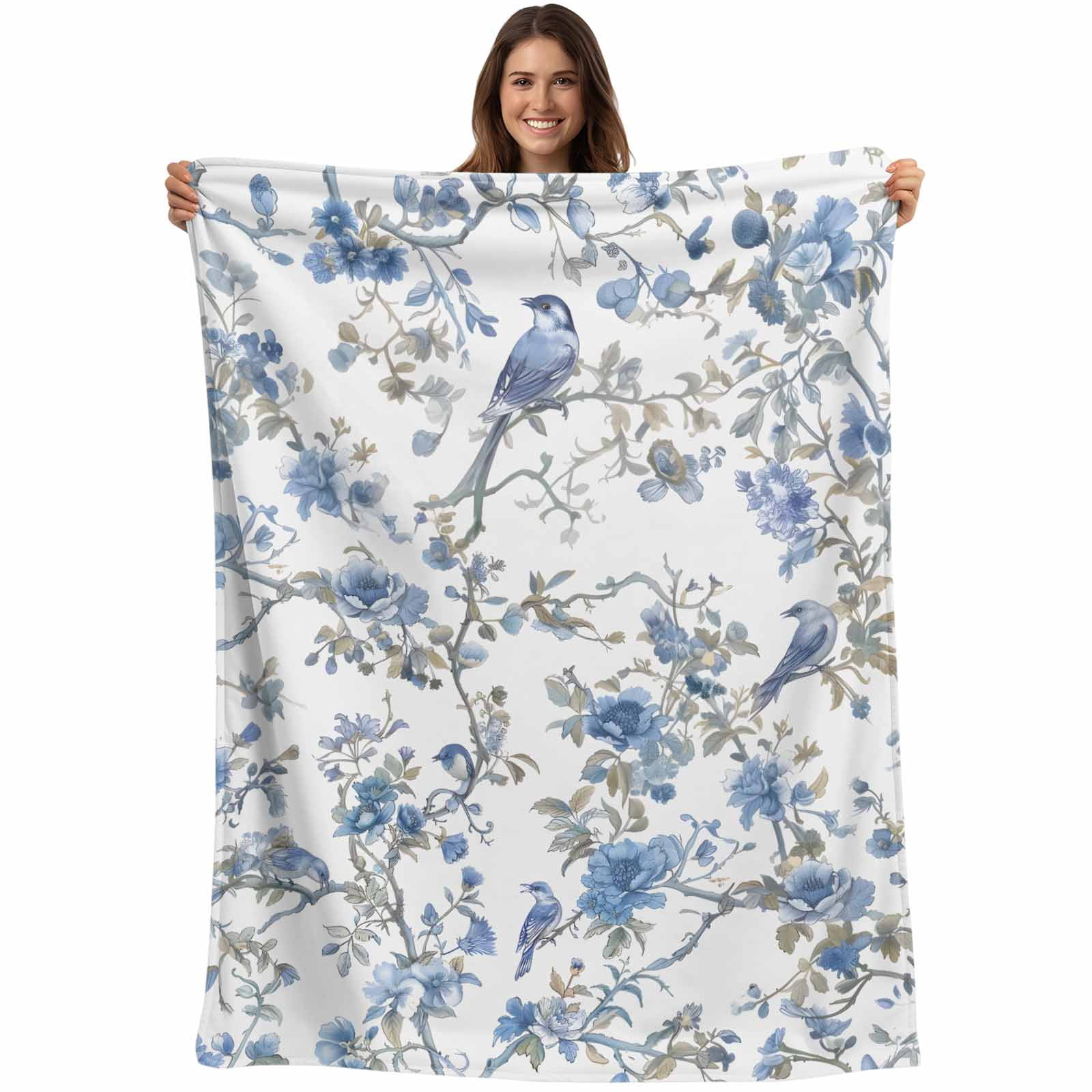 Blue Floral Birds Blanket Soft Cozy Warm Throw Blanket for Couch, Plush ...