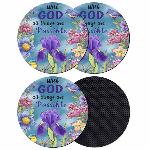 Blue Floral Birds Coasters Set of 4, Absorbent Coasters for Drinks, with God All Things Are Possible Coaster for Desk Coffee Table Protection, Home Decor House Warming Gifts 4"