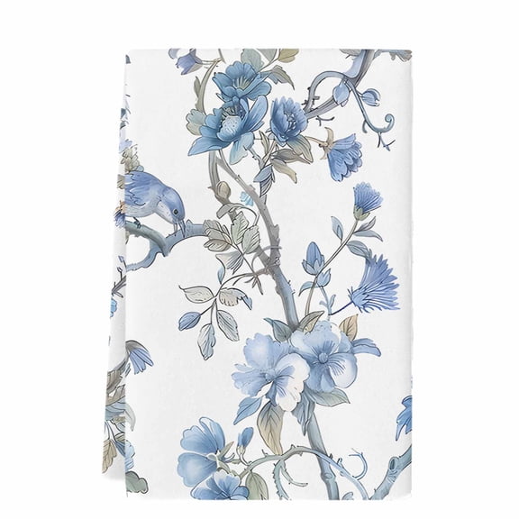 Blue Floral Birds Kitchen Towels Set of 1, Absorbent Microfiber Dish Tea Towels with Hanging Loop, Farmhouse Flowers Pastoral Resuable Hand Towel for Home Kitchen Cooking Cleaning 18"x28"