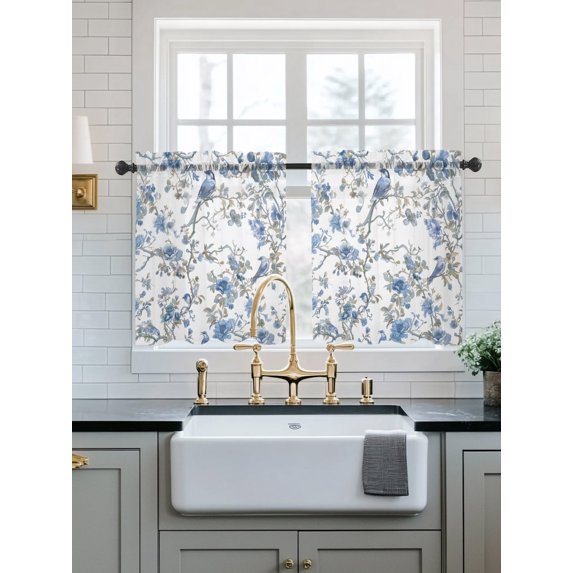 Blue Floral Birds Sheer Kitchen Tier Curtains 36 Inch length, Rod Pocket Half Curtains Short Drapes, Farmhouse Flowers Pastoral Light Filtering Chiffon Small Window Treatments 2 Panels 27.5"W x 36"L