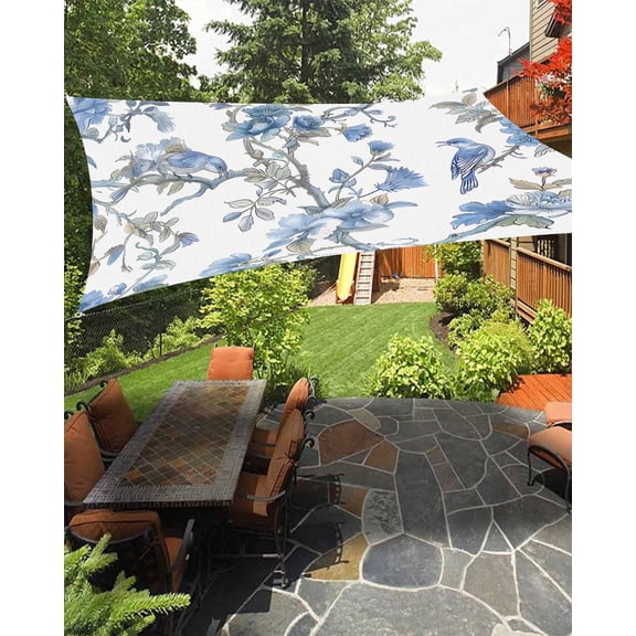 Blue Floral Birds Sun Sail Shades Rectangle Canopy,Sunlight Block Heavy Duty Curved Backyard Shade Cover, Farmhouse Flowers Pastoral Waterproof Sun Shades for Patios Garden Pergola Outdoor 14'x18'
