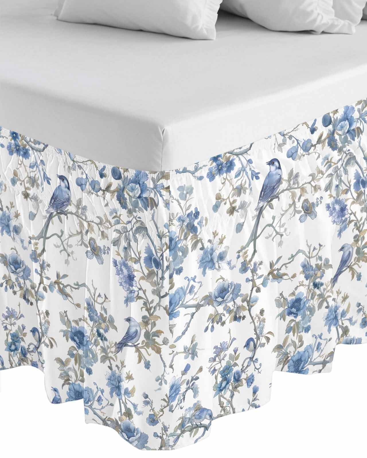 Blue Floral Birds Wrap Around Bed Skirts for King Bed 16" Drop, Bed Skirt with Adjustable Elastic Belt Dust Ruffle Bed Valance for Bedroom Hotel Luxury Farmhouse Flowers Pastoral Bed Frame Cover