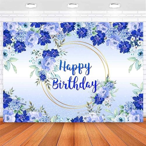 Blue Floral Birthday Backdrop Blue Flower Gold Loops Happy Birthday ...