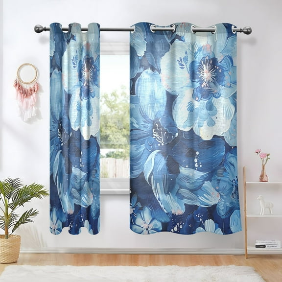 Blue Floral Blackout Curtains 63 inch Length 2 Panels Window Decoration Curtains for Bedroom Living Room