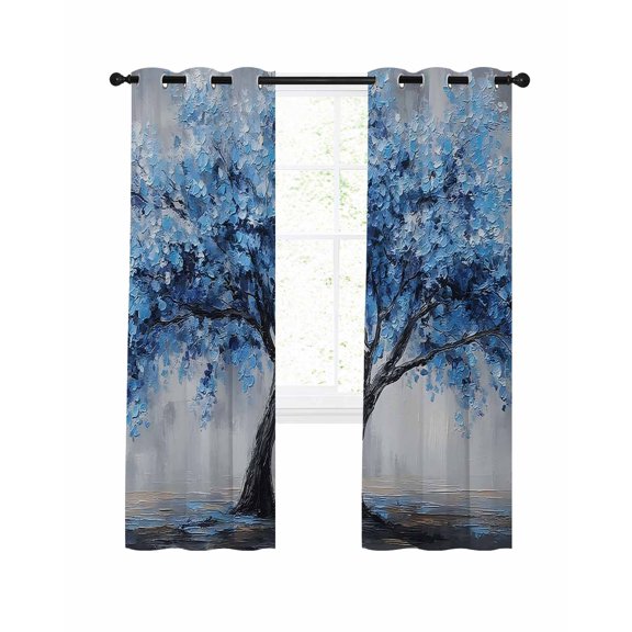 Blue Floral Blackout Curtains for Bedroom Living Room, Classical Flower Botanical Abstract Modern Oil Painting 54 In Long Thermal Insulated Room Darkening Drapes Grommet Window Treatments, 42 x 54 In
