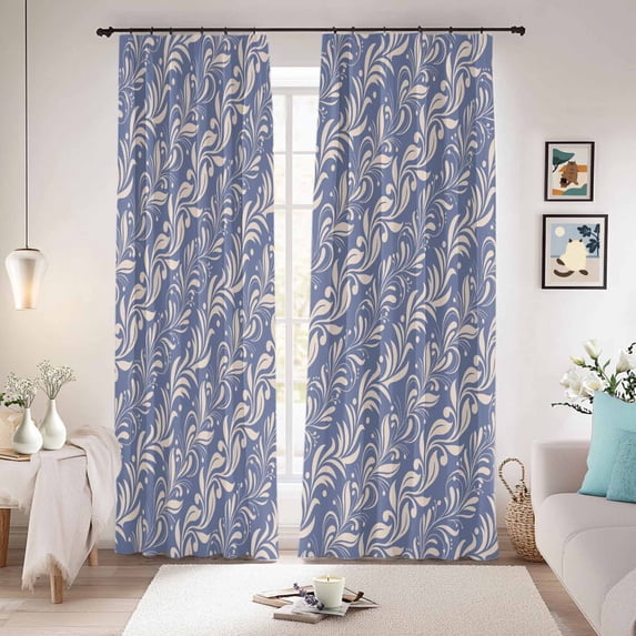 Blue Floral Blackout Curtains for Bedroom/Living Room, Pinch Pleated Black Out Curtains, Spring Flowers Pattern Plants Simple Vintage Room Darkening Window Drapes with Hooks 2 Panels, 39"x70"