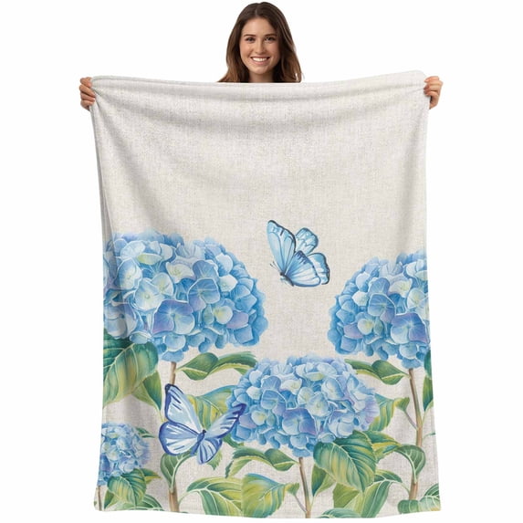 Blue Floral Blanket Soft Cozy Warm Throw Blanket for Couch, Plush Fuzzy Flannel Fleece Blankets for Sofa, Summer Botanical Hydrangeas Butterfly Bed Blankets Lightweight Gifts for Women, 50"x60"