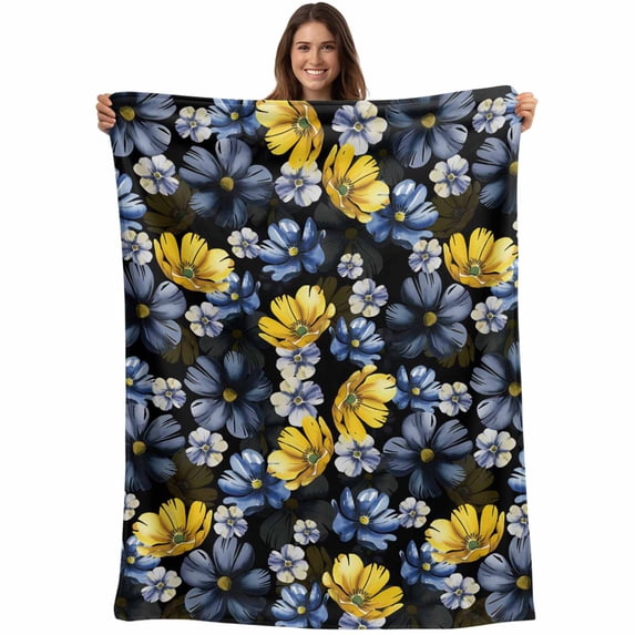 Blue Floral Blanket Soft Cozy Warm Throw Blanket for Couch, Plush Fuzzy Flannel Fleece Blankets for Sofa, Vintage Yellow Garden Blossom Flower Bed Blankets Lightweight Gifts for Women, 40"x60"