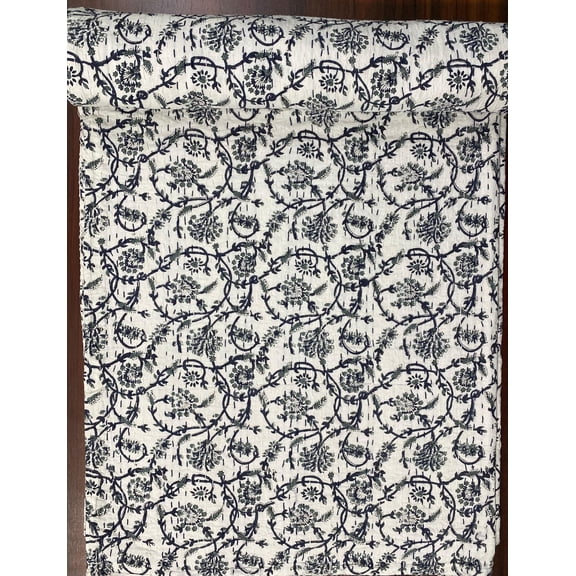 Blue Floral Block Print Indian Kantha Quilt Handmade 100% Pure Cotton Bedspread, Lightweight Hand Stitched Boho Bedding