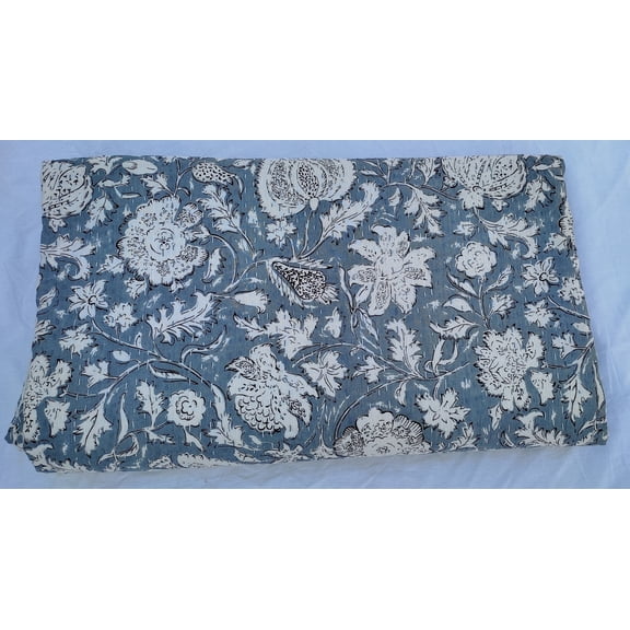 Blue Floral Block Print Indian Kantha Quilt, Handmade Cotton Bedspread, Hand Stitched Throw Blanket For Homedecor