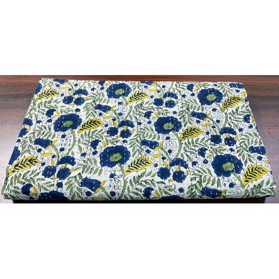 Blue Floral Block Print Indian Kantha Quilt – Handmade Cotton Bedspread | Indian White Bedding | Queen & King Size Coverlet