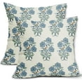 thumbnail image 1 of Blue Floral Block Print Pillow Covers 18x18 Light Blue Green Chinoiserie Flowers Birds Monsoon Decorative Pillows Outdoor Linen Farmhouse Cushion Case Pillowcase for Sofa Bed Room Decor Set of 2, 1 of 8