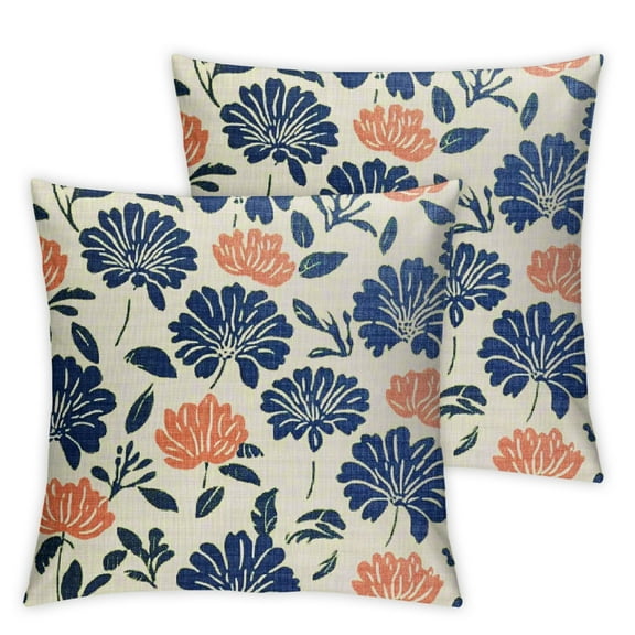 Blue Floral Block Print Pillow Covers Set of 2 Flower Pattern Cream Decorative Throw Pillowcases Outdoor Rustic Farmhouse Cushion Cases Decor for Home Couch Sofa Bed