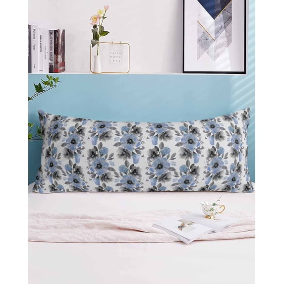Blue Floral Body Pillow Case Cover - Microfiber Bed Throw Pillow Covers, Abstract Watercolor Flower Leaf Plant Decorative Lumbar Pillow Cover with Envelope Closure for Sofa/Travel 20"x54"