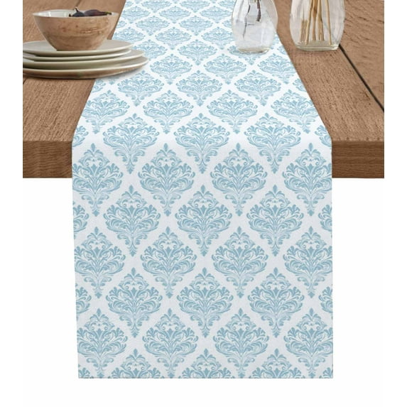 Blue Floral Boho Burlap Cotton Table Runner 16x72 Inches Long, Vintage Ethnic Tribe Abstract Art Farmhouse Table Runners, Outdoor Dining Tablecloths Decor for Baby Shower/Party/Wedding