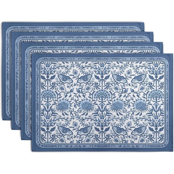 Blue Floral Boho Placemats Set of 4, 12x18 Inch Vintage Chinoiserie Block Print Place Mats Seasonal Spring Summer Rustic Farmhouse Table Mats for Party Kitchen Dining Outdoor Indoor Decor