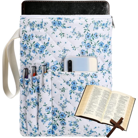 Blue Floral Book Sleeve with Zipper 11" x 9" Padded Protector Washable Quilted Book Covers Printed Pouch with Handle Pockets Protector for Books Lover Christmas Christian Gifts