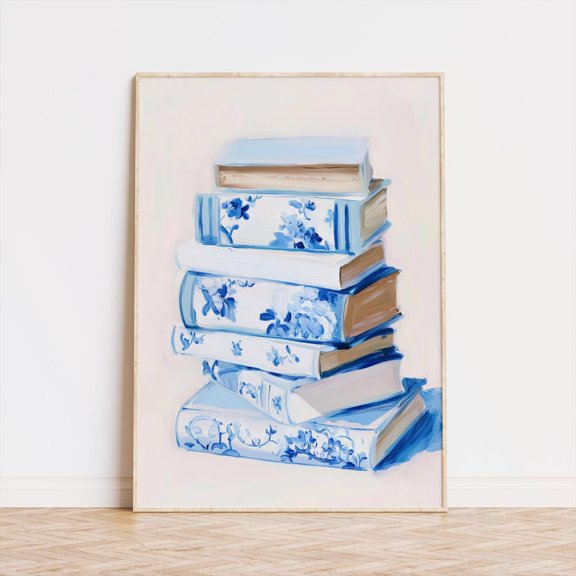 Blue Floral Books Poster: Elegant Library Wall Art, Unframed Canvas Size 16x24