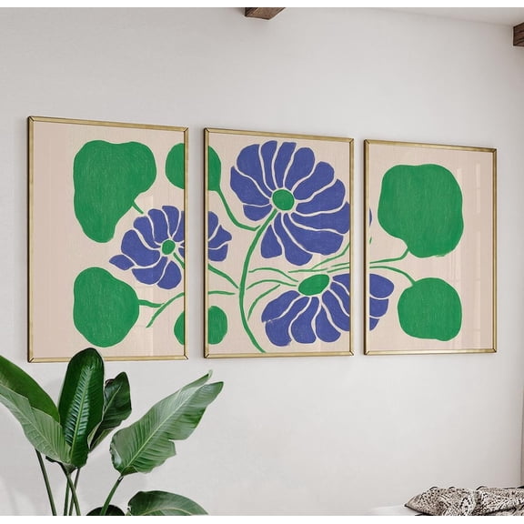 Blue Floral Botanical Modern Abstract Flower Triptych Green Decor Art Set 3 Unframed Paper Print 8x12