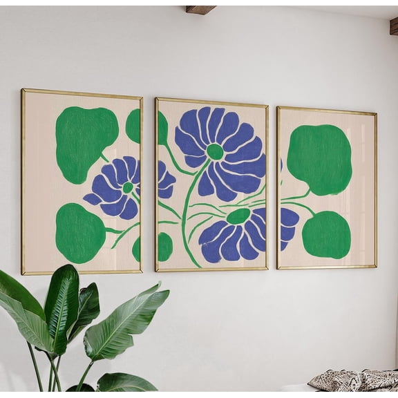 Blue Floral Botanical Poster Set Modern Abstract Flower Triptych Wall Art Green Botanical Decor Set 3