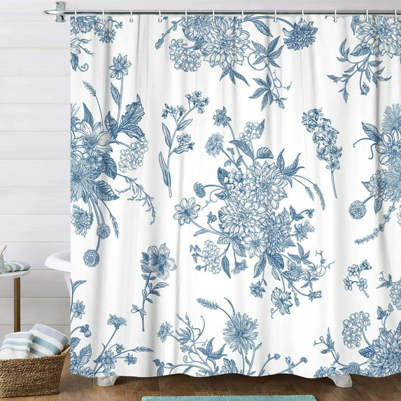 Blue Floral Botanical Shower Curtain, Vintage Retro Boho Floral Blossom Pattern Aesthetic Flower Shower Curtains for Bathroom, Fabric Bathroom Decor Shower Curtain Set with Hooks,70X70