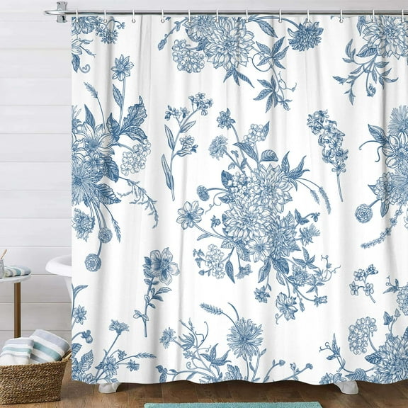 Blue Floral Botanical Shower Curtain, Vintage Retro Boho Floral Blossom Pattern Aesthetic Flower Shower Curtains for Bathroom, Fabric Bathroom Decor Shower Curtain Set with Hooks,60X70