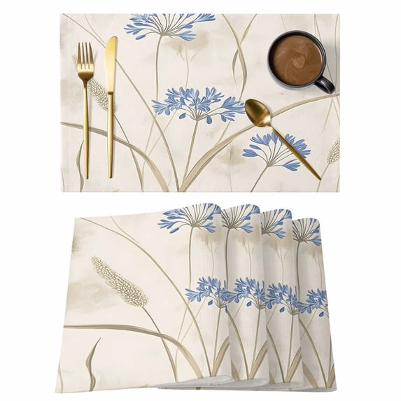 Blue Floral Botanical Spring Placemats Set of 6, Cotton Linen Fabric ...