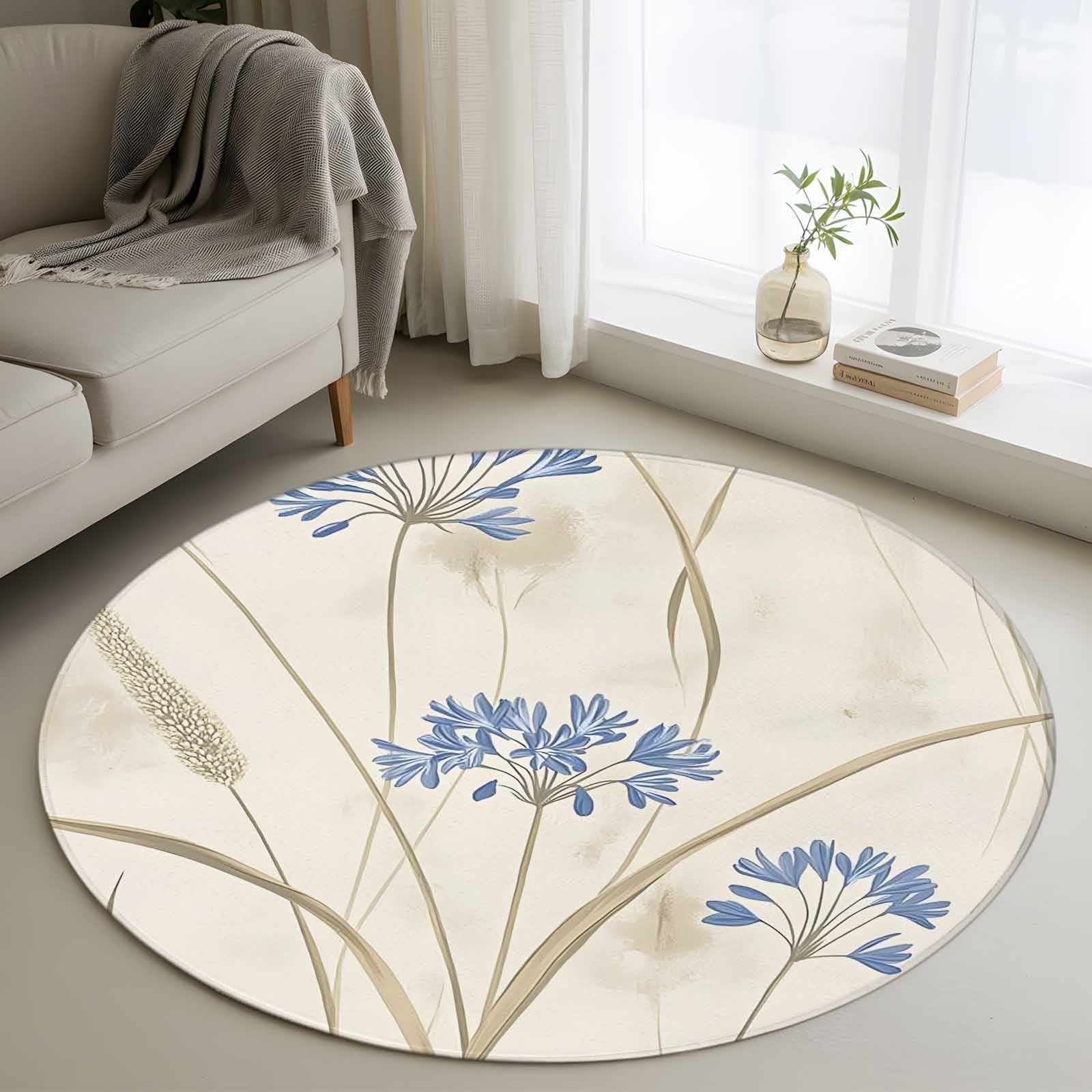 Blue Floral Botanical Spring Round Rug 3ft Washable Circle Entryway ...