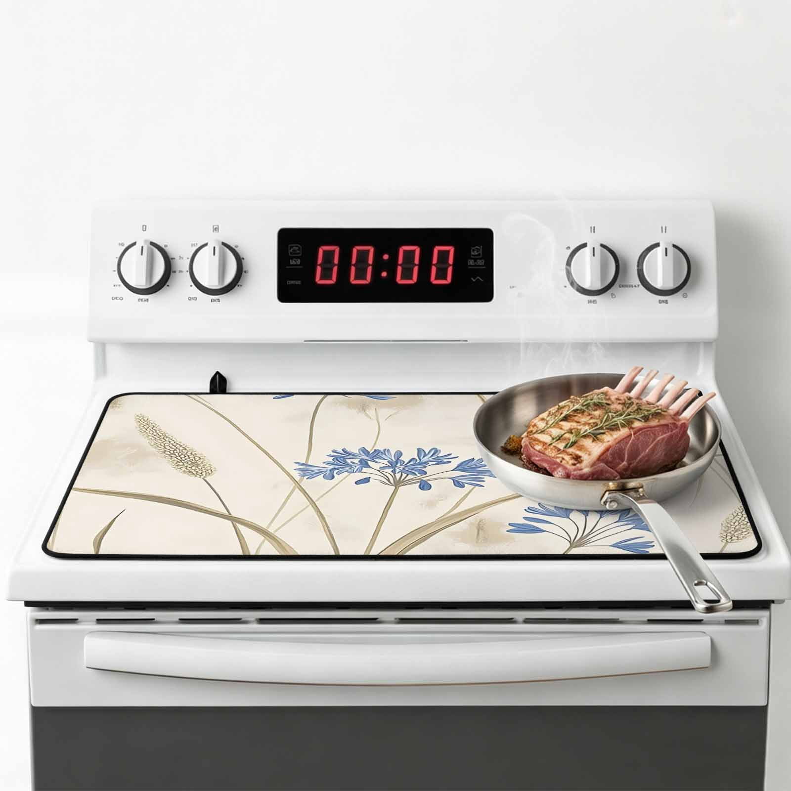Blue Floral Botanical Spring Stove Top Cover for Electric Stove, Heat-proof & Non Slip Glass Top Stove Cover Protector, Farmhouse Beige Flowers Kitchen Flat Cooktop Rubber Mat 24x21 Inches